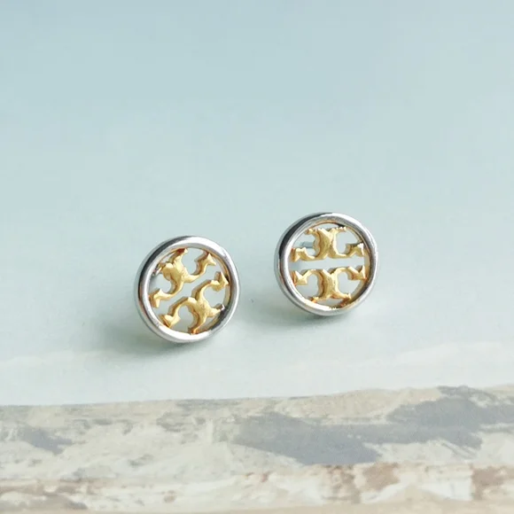Tory Burch Miller Stud Earrings Gold Silver Mixed - Picture 3 of 4